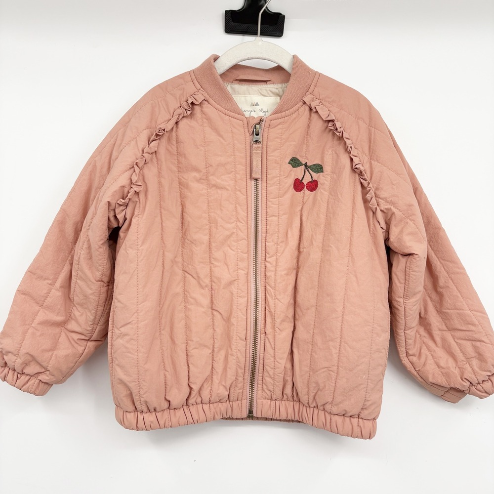 Konges Slojd Girls Pink Quilted Ruffle Cherry On Top Juno Bomber Jacket Size 4Y